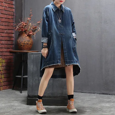 

SuperAen Retro Buckle Denim Jacket Women's Autumn 2022 New Oversize Asymmetric Swing Split Long Trench Coat