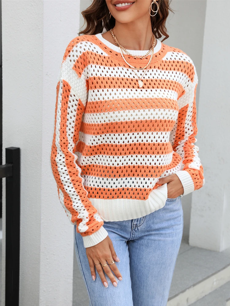 

Women Sweaters 2023 Fashion Korean Autumn Winter Long Sleeve Top Pullovers Hollow Out Striped LOOSE Knitted Oversized Sweater