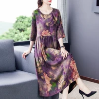women casual floral mulberry silk loose midi dress 2022 summer vintage 4xl plus size print dress elegant bodycon party vestidos