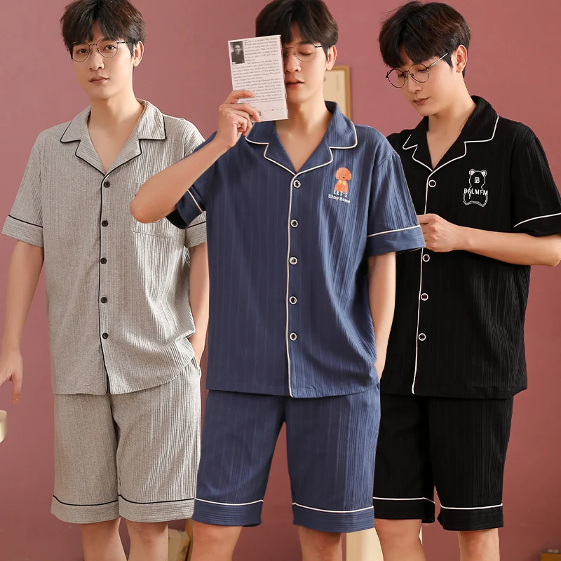 2022 Summer Short Sleeve Cotton Pajama Sets for Men Korean Cute Cartoon Sleepwear Suit Pyjamas Male Lounge Homewear Home Clothes