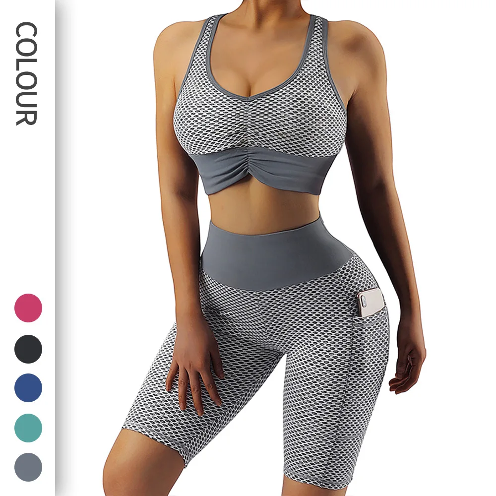 

Honeycomb Yoga Clothing Set Women Sports Beauty Back Bra High Waist Hip Lift Yoga Shorts Running Pilates Fitness Pocket Yoga Set