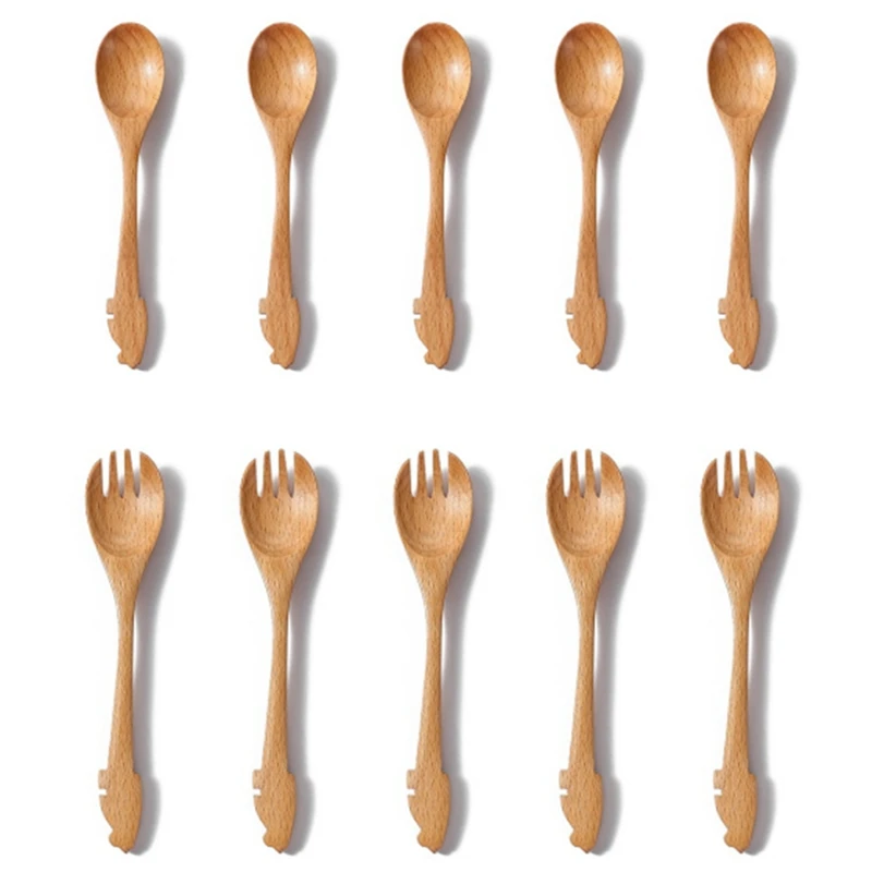 

Creative Log Cartoon Cat Spoon Fork Japanese Handmade Beech Spoon Wooden Fork Tableware Set Dessert Spoon Stirring Spoon