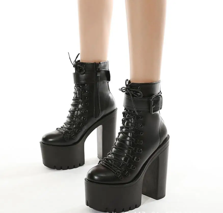 Women Fashion Platform bare boots thick heel ankle boots lace-up shoes Pumps Female Cute Comfort Spring Autumn Heel Shoes Large