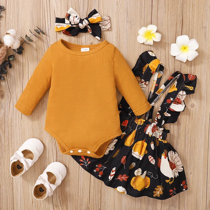 

Infant Girl Thanksgiving Long Sleeve Romper + Suspender Skirt + Headband Turkey Print Ruffle Holiday Clothing