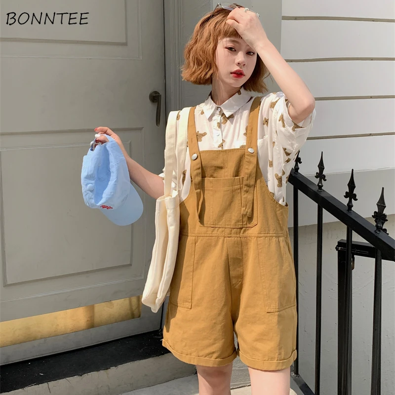 

Rompers Women College Young Style Lovely Fashion Solid Baggy Vintage Cozy Summer All-match Feminino Harajuku Leisure Empire Chic