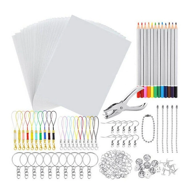 

198 PCS Shrinky Art Paper Heat Shrink Sheet Plastic Kit Hole Punch Keychains Pencils DIY Drawing Art Supply