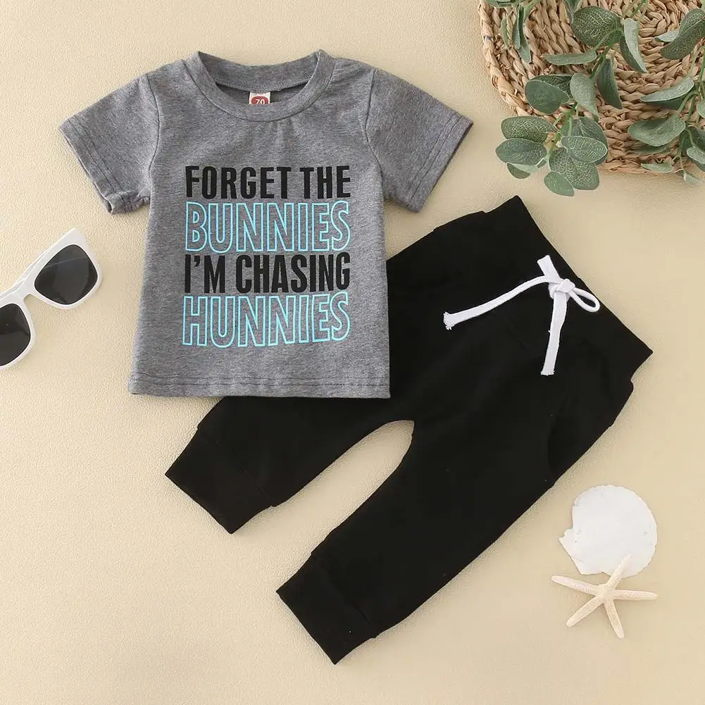 

Женская Пасхальная одежда для маленьких мальчиков, комплекты с футболкой с надписью и длинными брюками с кулиской, наряды, летняя одежда для маленьких мальчиков