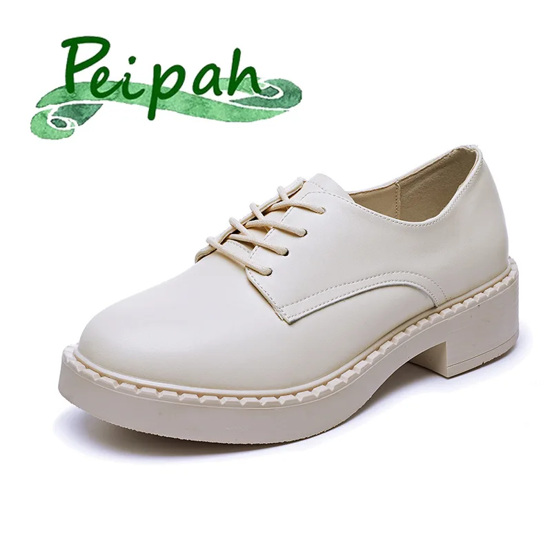 

PEIPAH Women Oxfords Genuine Leather Shoes for Women Lace Up Solid Flats Ladies Concise Casual Footwear Female Creepers