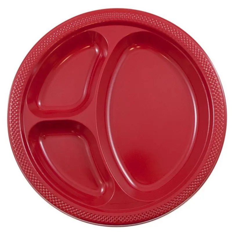

3 Compartment Divided Plastic Plates, 20/Pack, Red, Large, 10.25"