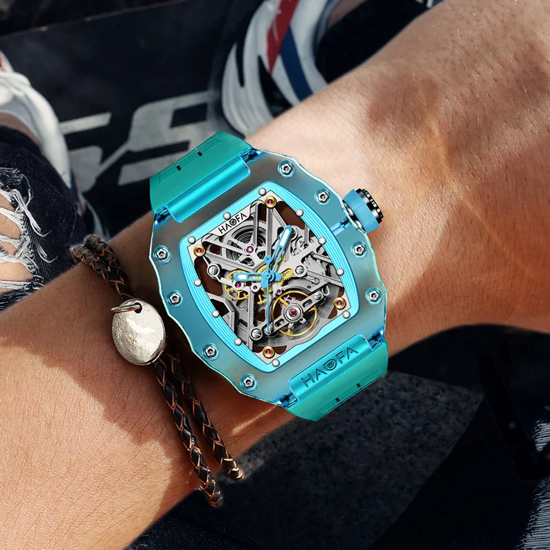 Haofa Crystal Механические часы для мужчин Роскошные прозрачные наручные со скелетом