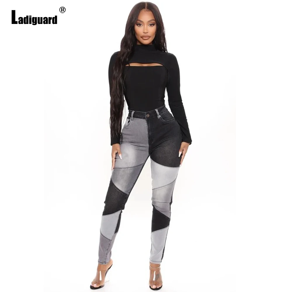 Ladiguard Women Sexy Jeans Demin Pants Slim Pencil Bottom High Waist Femme Patchwork Jeans Women's Stand Pockets Denim Trousers