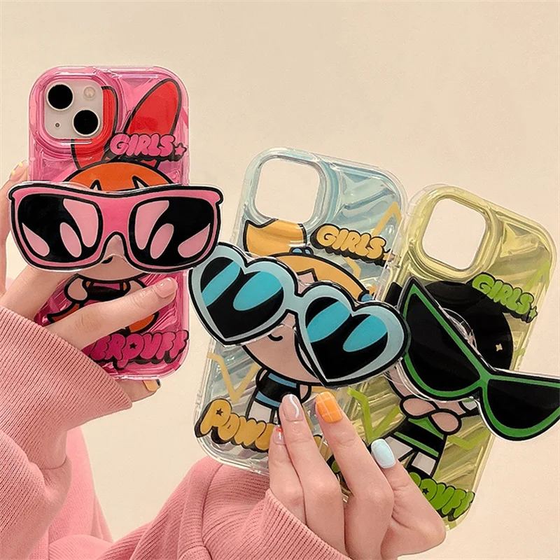 

Lovely Powerpuff Girls Sunglasses Bracket Phone Case For iPhone 14 13 12 11 Pro Max X XR XS 6 6S 7 8 Plus SE 2020 Silicone Cover