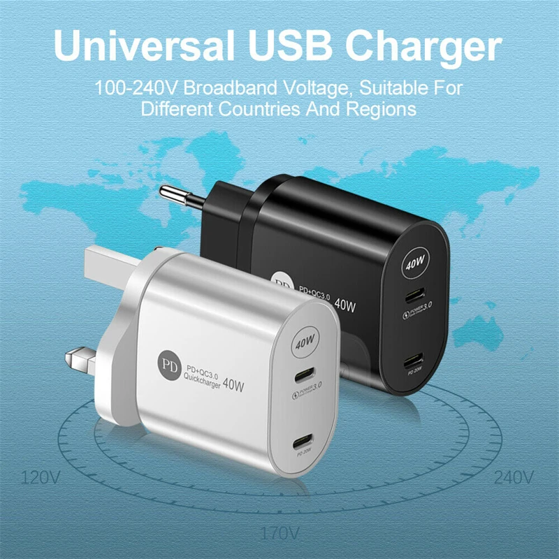 Сетевое зарядное устройство с двумя USB-портами и поддержкой быстрой зарядки 40 Вт |