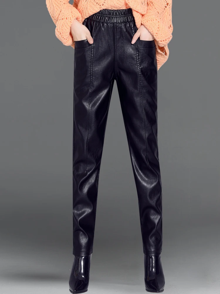 

Women Leather Pants Black Elastic Waist Pockets Pu Leather Female Harem Pants Spring Autumn Fashion All-Matched Slim Trousers