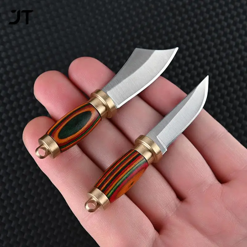 

MINI Brass Wood Knife Portable Unboxing Straight Knife With Leather Case CS GO Hanging Outdoor Camping EDC Knife