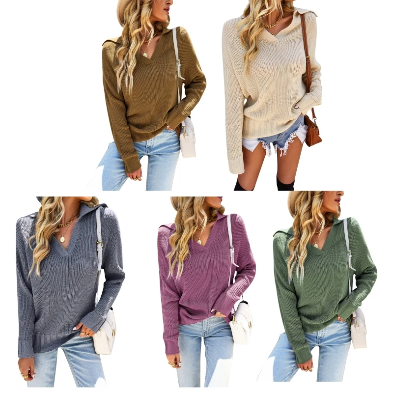 

41XC Women‘s Fall Tunic Sweaters V-Neck Long Sleeve Knit Shirt Basic Casual Shirt Out Wear Pullover Slouchy Loose Blouses