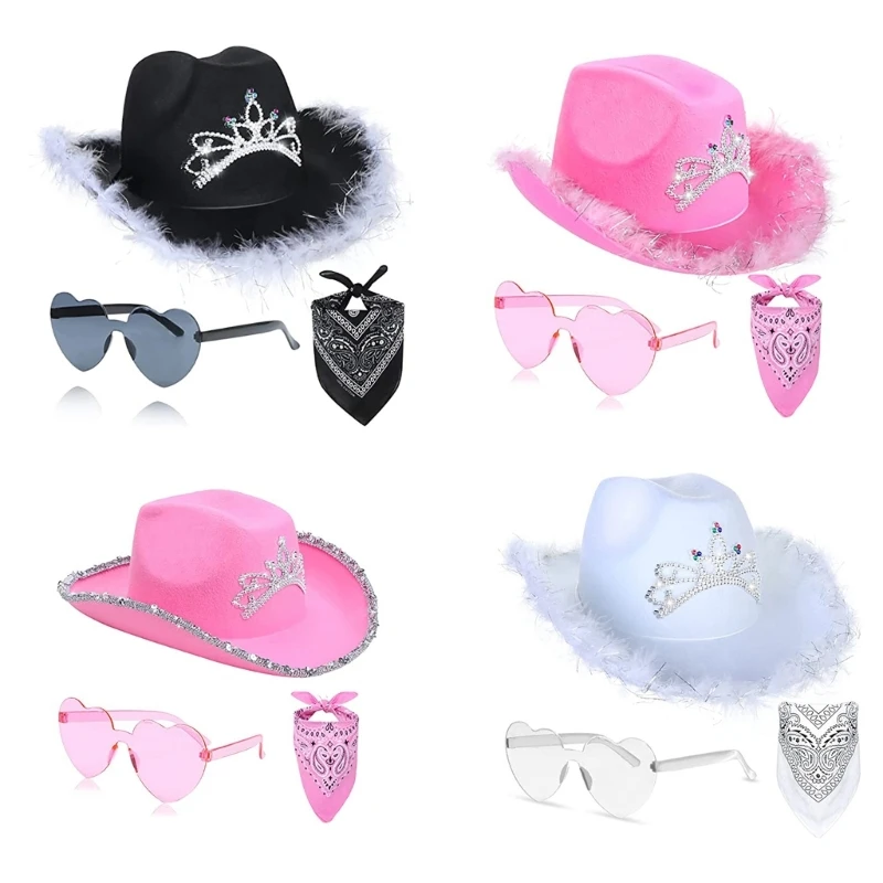 

28TF Pink Cowboy Caps Western Cowgirl Hat for Women Girl Photo Props Bandana