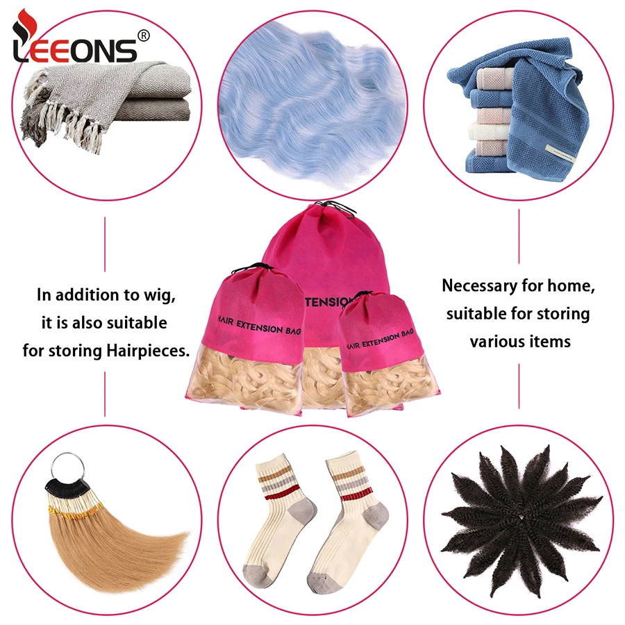 

Custom Logo Non-Woven Wig Packing Bags Portable Waterproof Transparent Hair Extensions Storage Bags Wig Accessories Drawstring