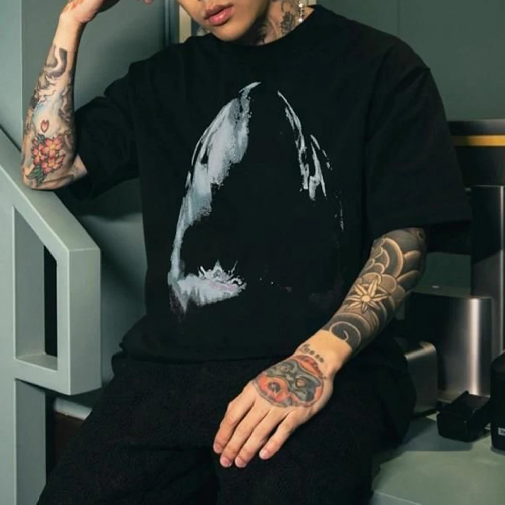 

American Retro Hip-hop Y2K Casual T-shirt Summer High Street Rock Loose Shark Print Short-sleeved Cotton Top Men's Clothing