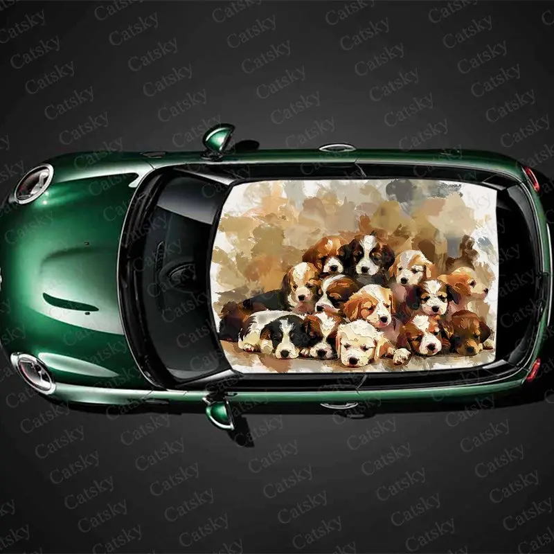Графическая наклейка на капот автомобиля с принтом семьи собак