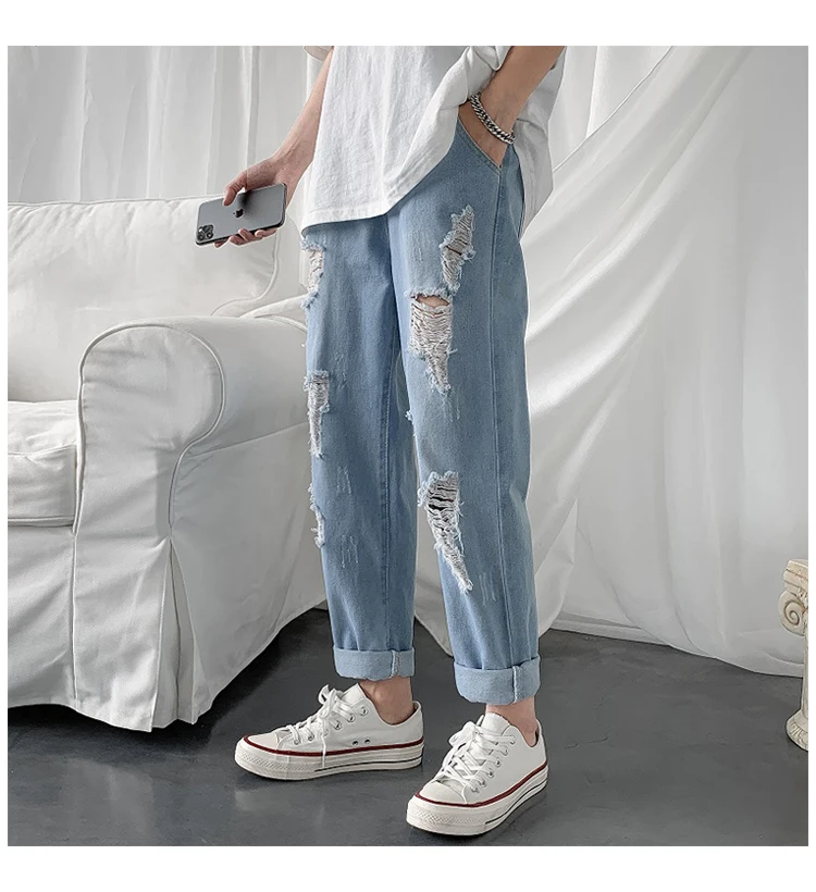 Summer Slim Fit Jeans for Mens Streetwear Korean Designer Regular Distressed Denim Slim Homme Pants Hip Hop Hole Jeans Trousers