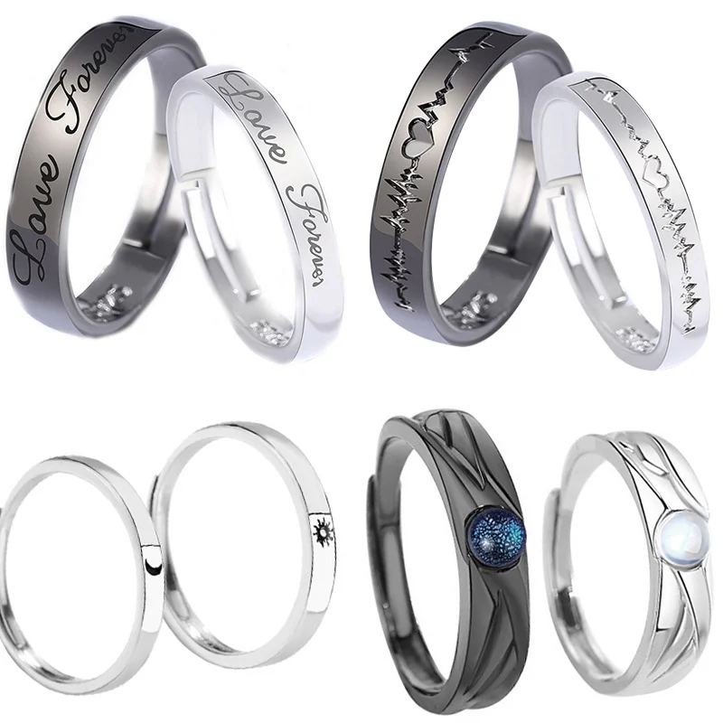 

2022 Couple Black White Letter Pair Rings Opening Adjustable Cartoon Man and Women Ring Wedding Banquet Simple Fashion Jewelry