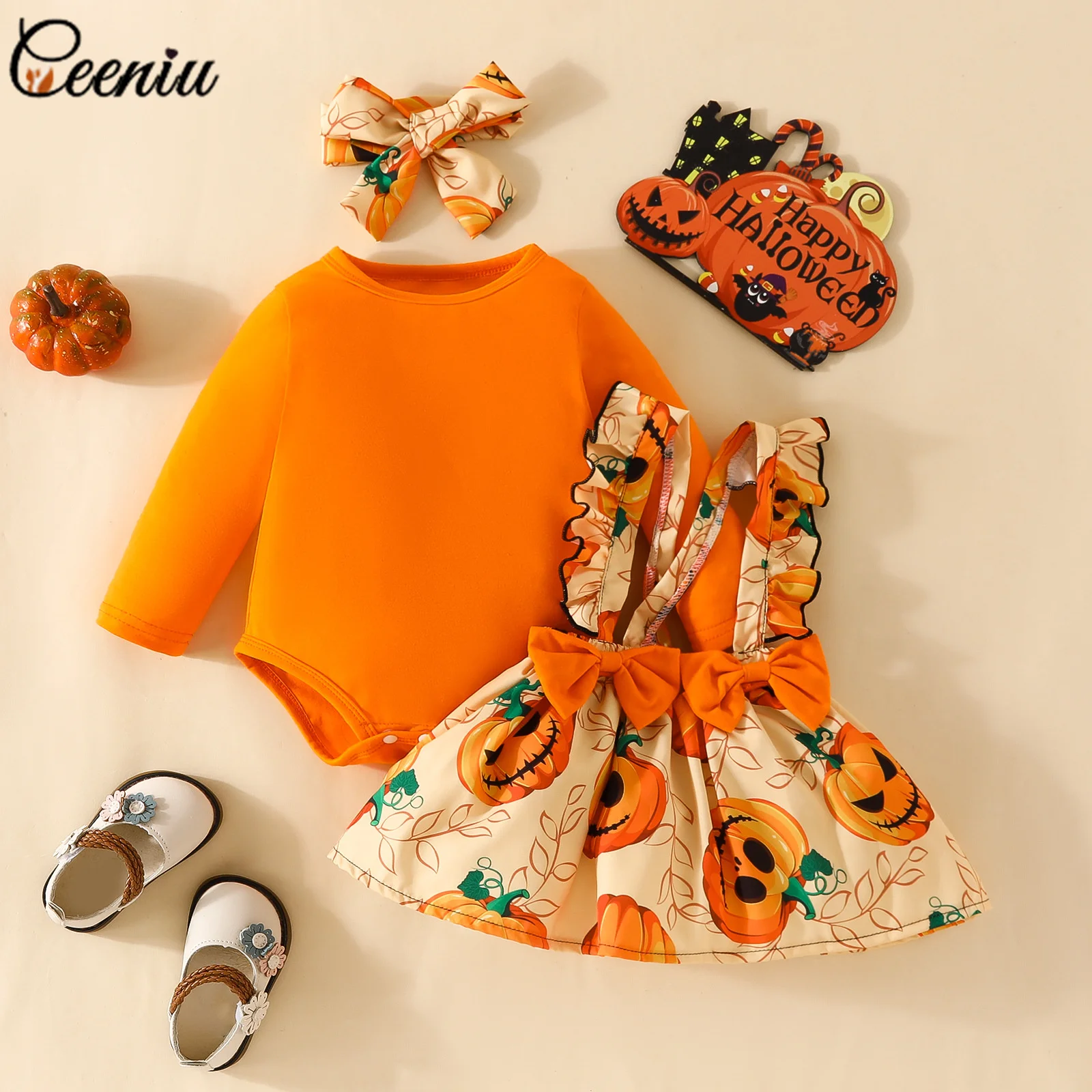

Ceeniu 0-18M Halloween Baby Costume Pumpkin Romper and Suspender Orange Skirts My First Halloween Baby Outfit Clothes Girl Set