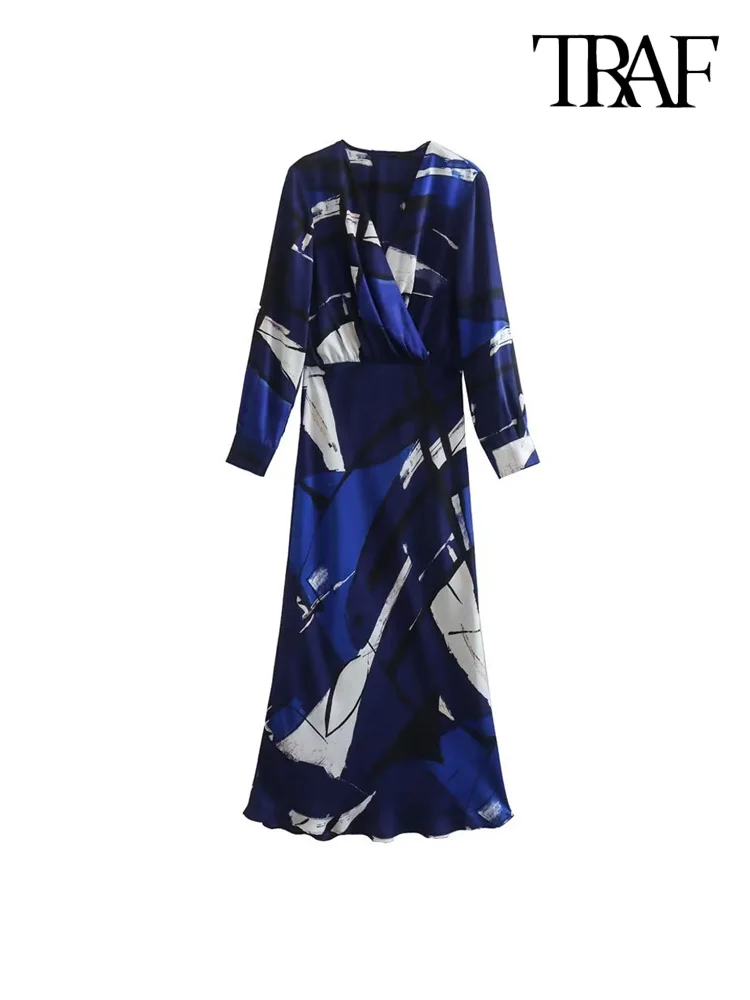 

TRAF Women Fashion With Crossover V Neck Printed Midi Dress Vintage Long Sleeve Elastic Waist Female Dresses Vestidos Mujer