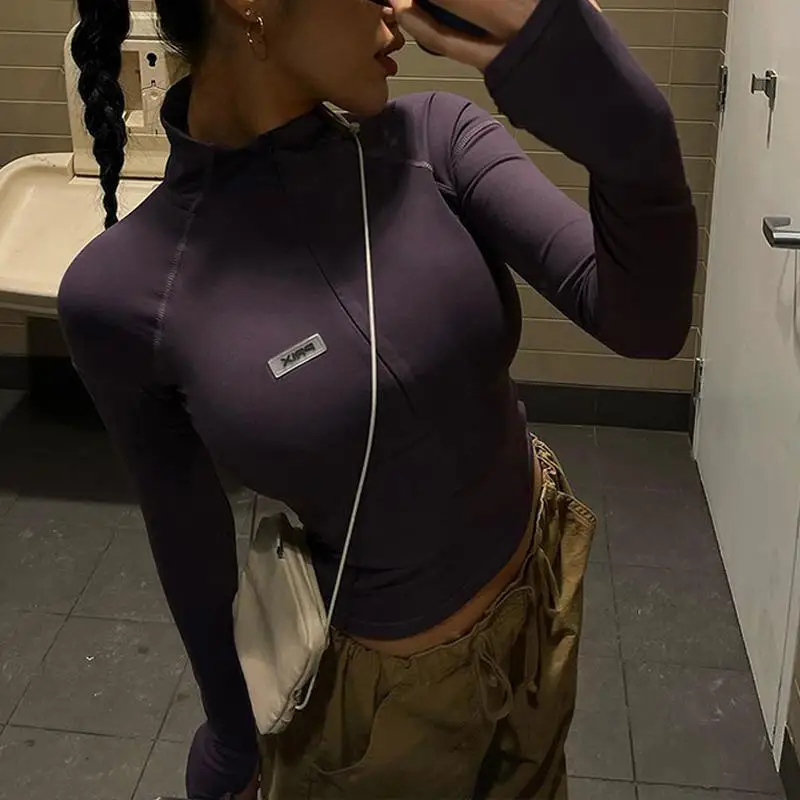 

Y2K Zip T Shirt Women Long Sleeve Crop Tops Pullover Stand Collar Slim Skinny Trashy Grunge Y2k Base Tees Sexy Female T-Shirts