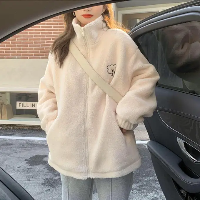 

Winter Letter Pink Zippercoat Sweatshirt Lamb Wool Warm Women Embroidery Cute Bear Fashion Female Jacket Coat Outwear Hoodies