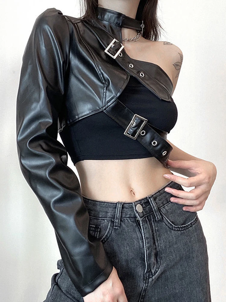 

JMPRS Gothic Black PU Leather Jacket Women One Shoulder Halter Buckle Hip Hop Outfits Fashion Streetwear Cropped Jackets Solid