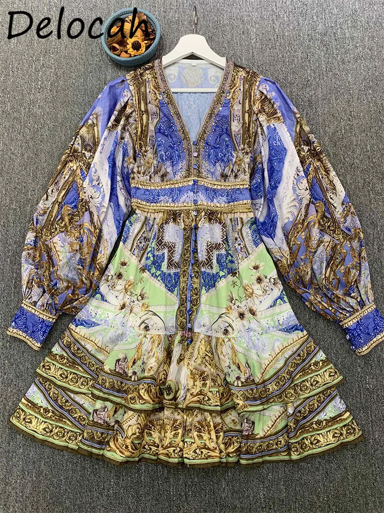 Богемное модное однобортное платье-мини Delocah с рукавами-фонариками и V-образным