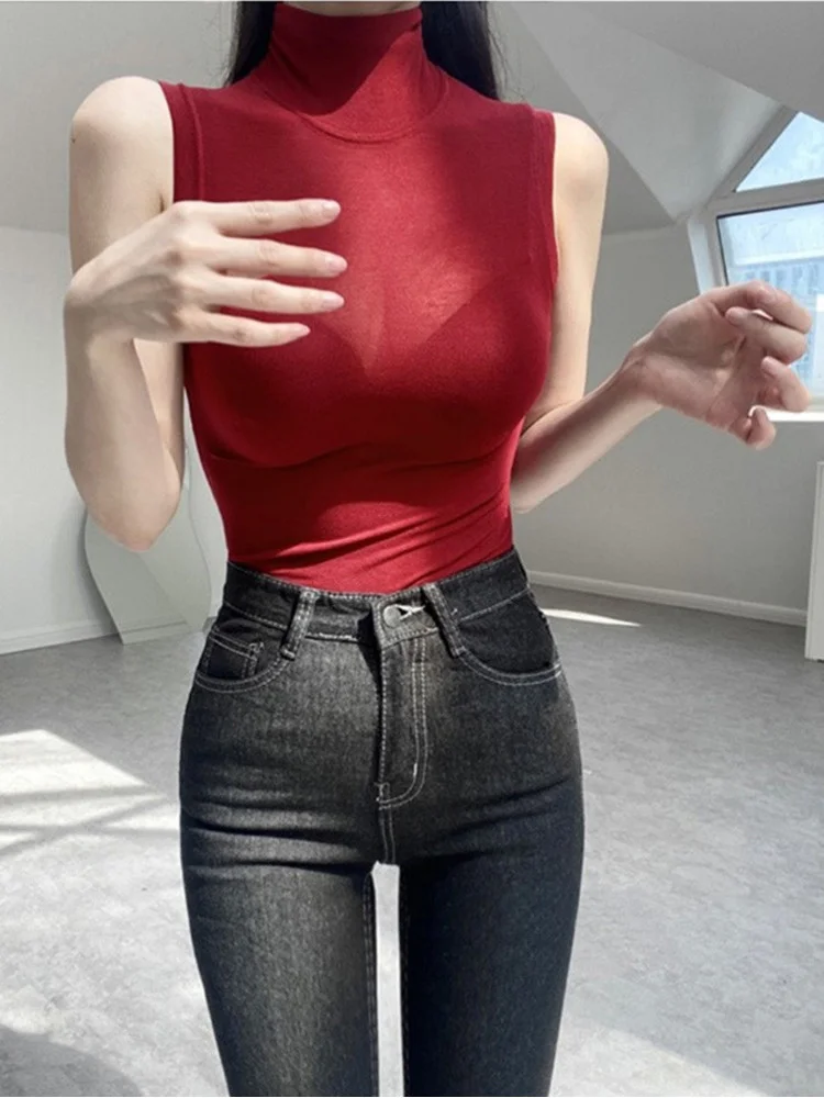 

Пикантная Милая Красная обтягивающая Корейская новая обтягивающая пикантная прозрачная водолазка без рукавов Милая футболка G5BM