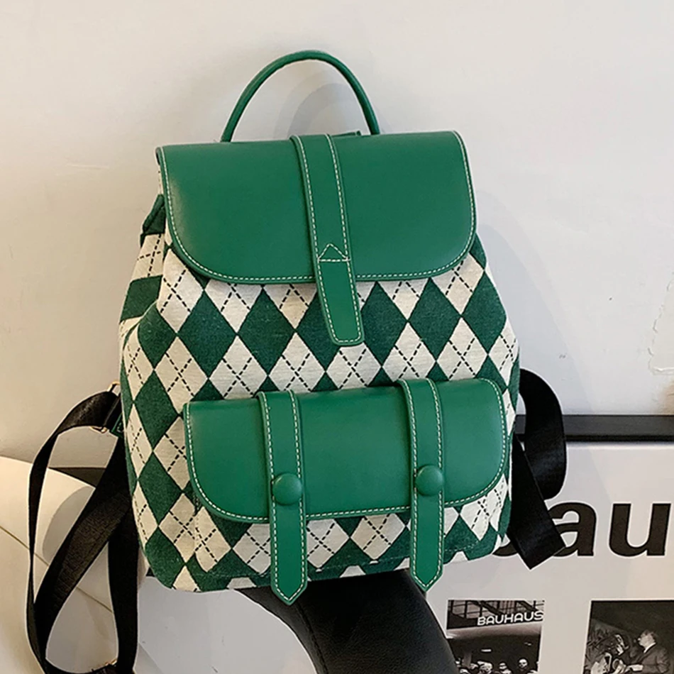 

2022 Trendy Diamond Lattice Backpack for Women Brand Design PU Leather Lady Shoulder Side Bag Fashion Travel Bag Girl Casual Sac