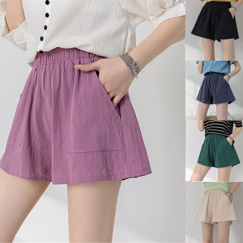 

Women Casual Cotton Linen Shorts Elastic Waist Shorts Summer Pull On Shorts
