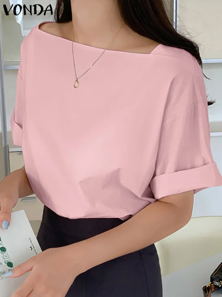

Women Stylish O Neck Shirts 2022 VONDA Vintage Short Sleeve Blouse Sexy Solid Color Button Down Party Shirts Feminina Sexy Tops