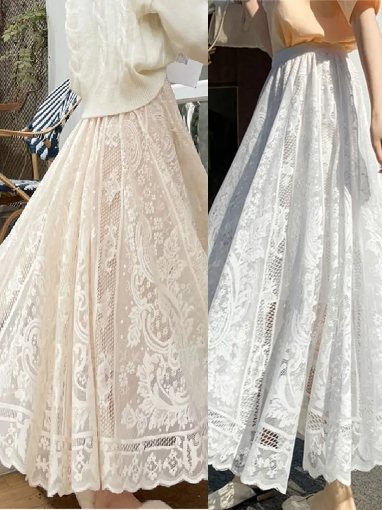 

Lace Umbrella Women Skirt Hollow Out Pleated Elastic Waist All-match Female Skirts 2023 Spring Summer Beach Ladies Dress