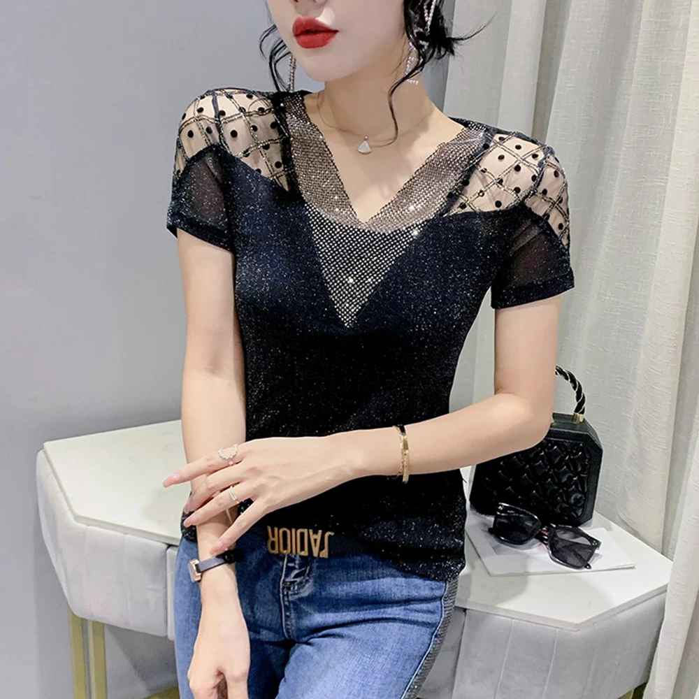 

Женская Блестящая футболка с V-образным вырезом, облегающая футболка в Корейском стиле, модель 2022 года