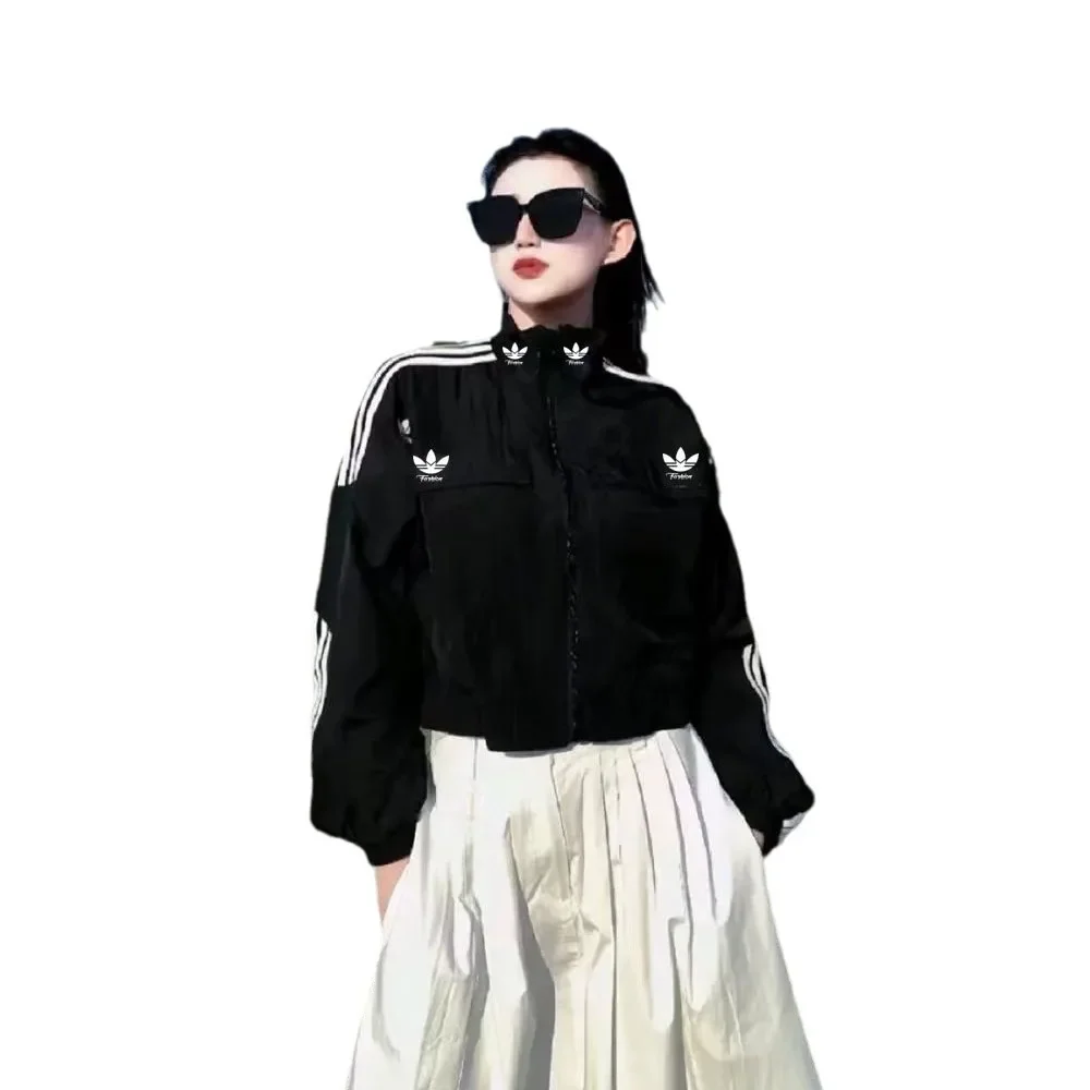 Autumn Three-Leaf Grass Men's Stand Collar Embroidered Jacket Women's Casual Loose-Fit Trendy Brand Cropped Top