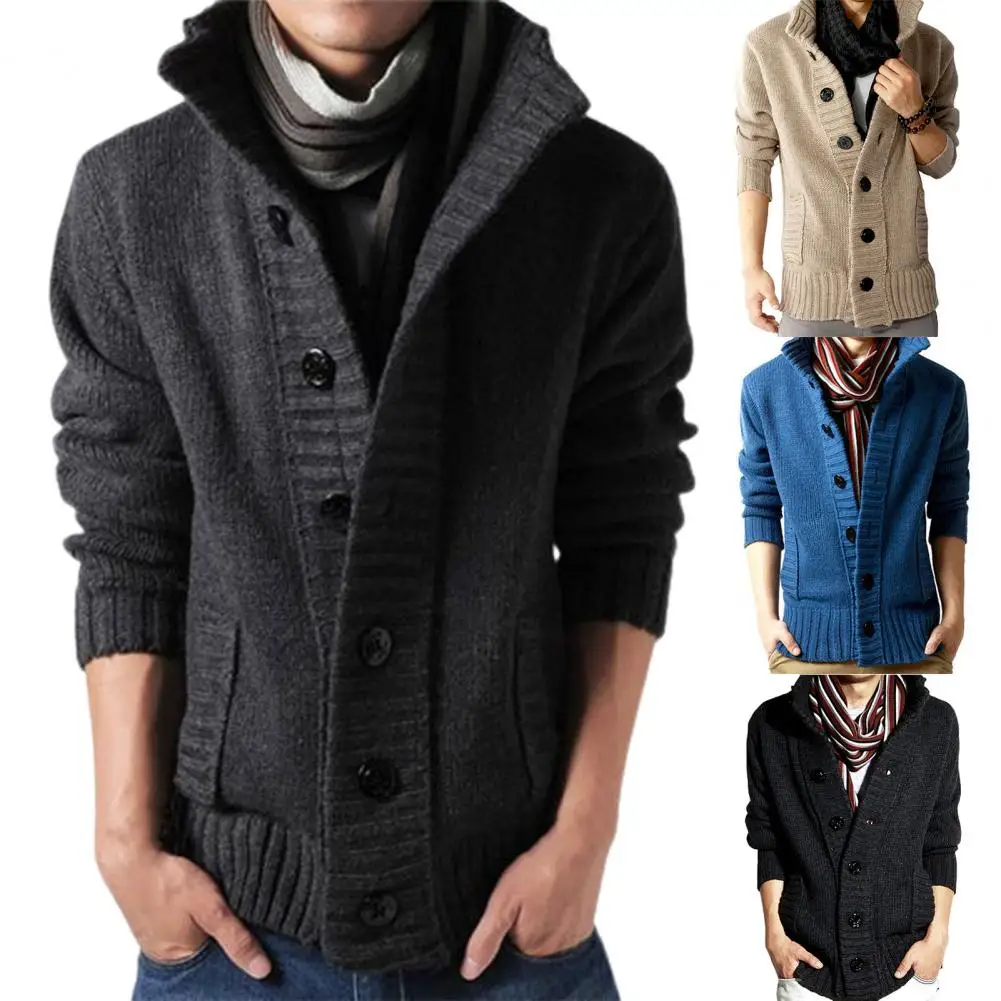 

Simple Sweater Jacket Side Pockets Stand Collar Comfy Buttons Closure Men Knitted Cardigan Sweater Coat Thickened