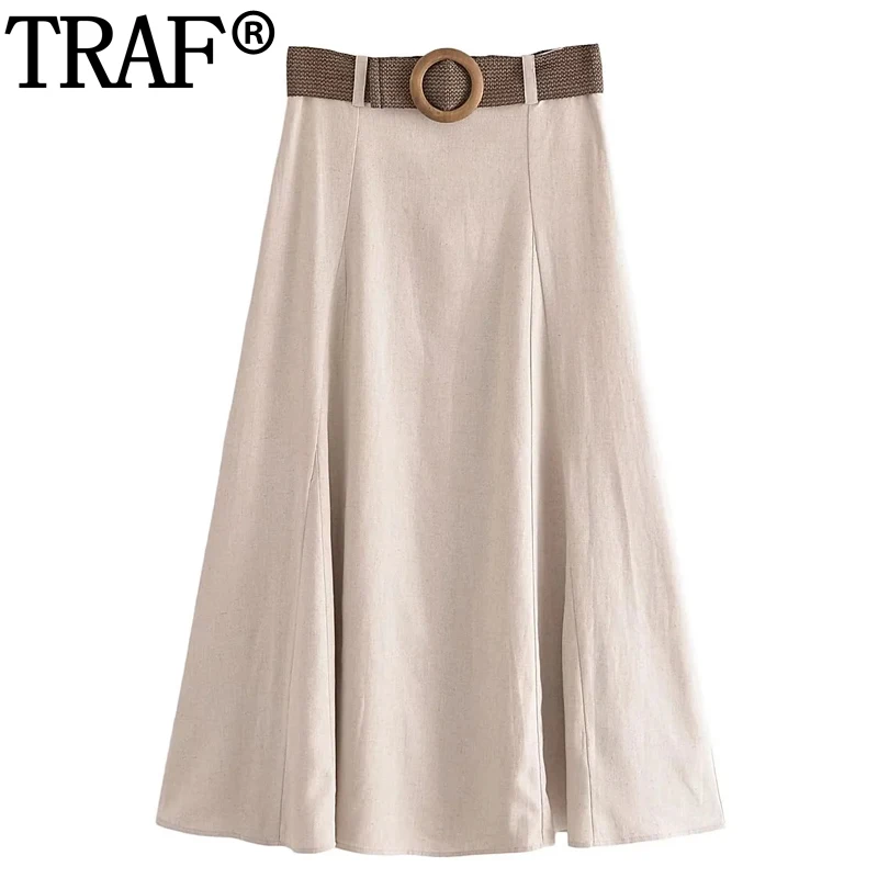 

TRAF 2023 Womens Long Skirt High Waist Midi Skirt For Women Summer Belt Elegant Social Women's Skirts Fashion Loose A Line Skirt