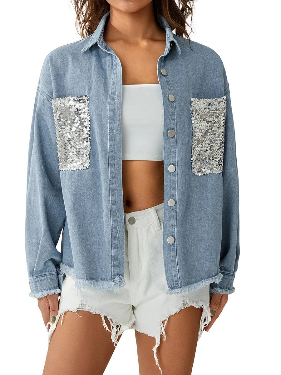 

Женская джинсовая куртка в стиле бойфренда, состаренная Модная Джинсовая куртка с длинным рукавом, пуговицами и карманами с блестками, Y2K