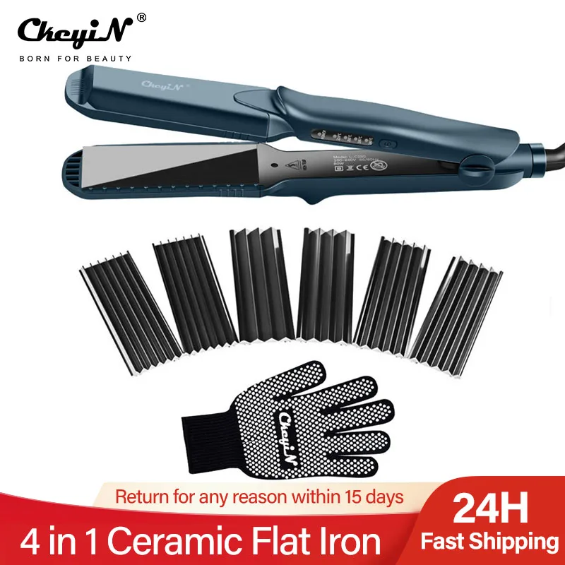 

Multifunctional 4 in 1 Fast Ceramic Hair Flat Hair Straightener Curling Hair Curler Corn Corrugated Iron Waver Curly with Glove