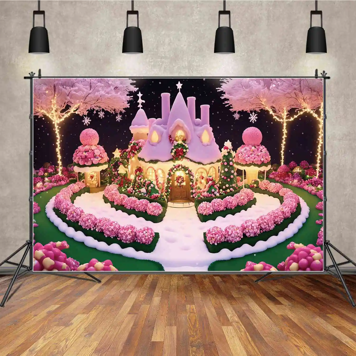 

Children's Christmas Photobooth Candyland Garden Photography Backdrops Cream Flowers Snowflake Night Custom Baby Backgrounds