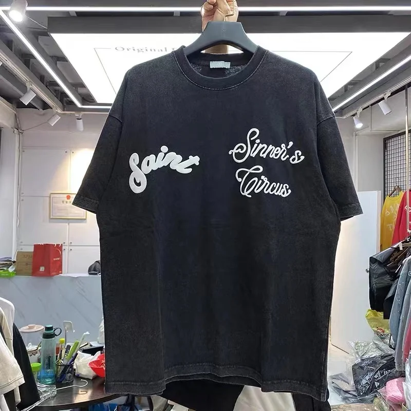 

Retro clown foam print wash t-shirt man with round neck and short sleeves