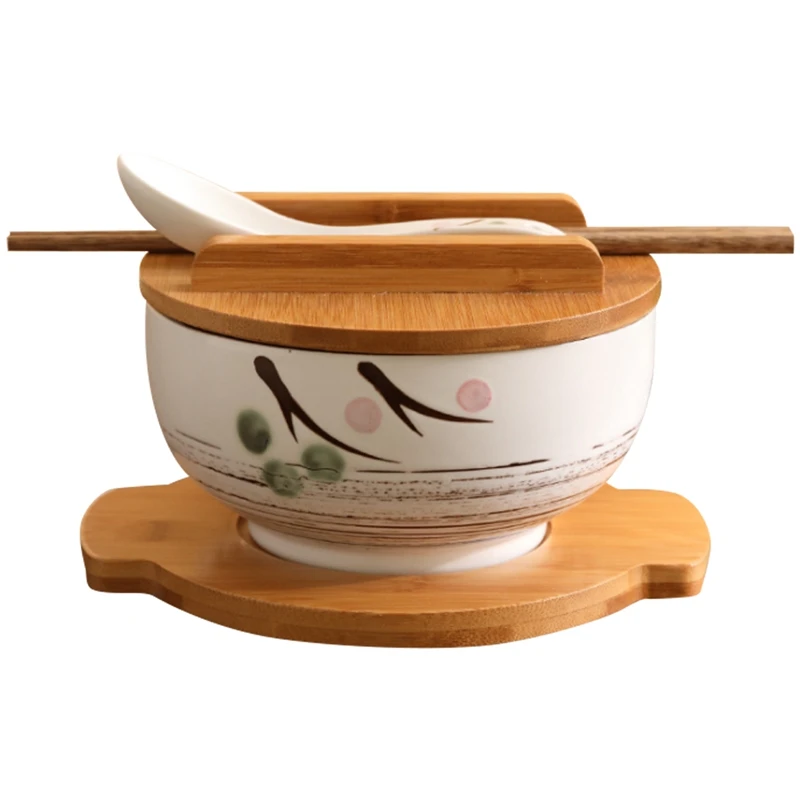 

1000Ml Ceramic Noodle Bowl Spoon Bowl Mat with Cover Instant Noodle Bowl Korean Soup Bowl Rice Bowl Cutlery Set White