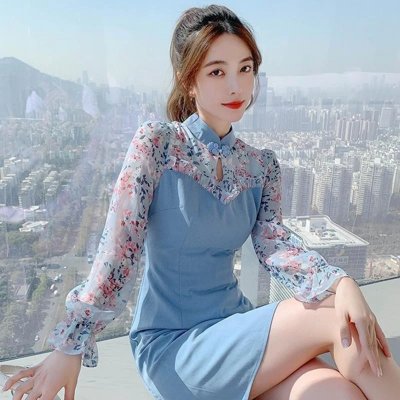 

Женское шифоновое платье-Ципао с завышенной талией и цветочным принтом