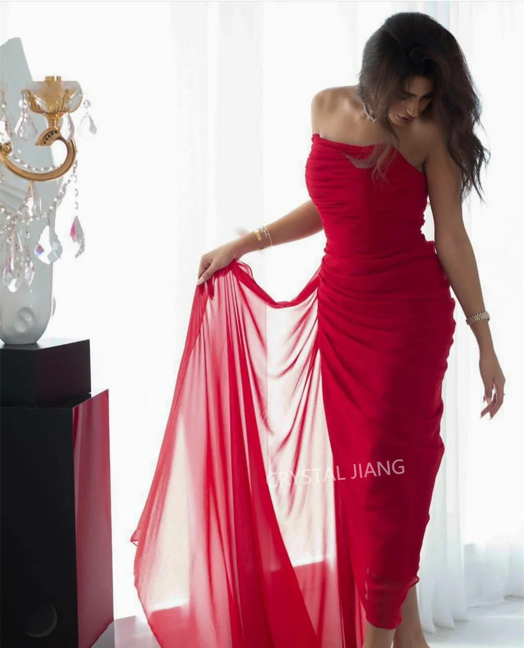 

Long Chiffon Red Strapless Evening Dresses فساتين السهرة Sheath Ankle Length Corset Back Prom Dress Robe de soirée for Women