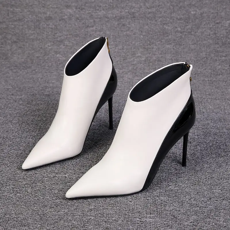 

Женские ботильоны FHANCHU 2022 в европейском стиле, модная кожаная зимняя обувь, короткие ботинки, с острым носком, на молнии сзади, черные, белые, Прямая поставка
