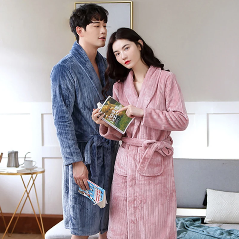 Men Winter Cozy Flannel Bathrobe Kimono Warm Coral Fleece Bath Robe Nightgown Couple Pajamas Robes Dressing Gown Women Sleepwear